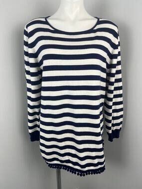 Two Bees Cashmere Navy & White Stripe Sweater with Tassels XL